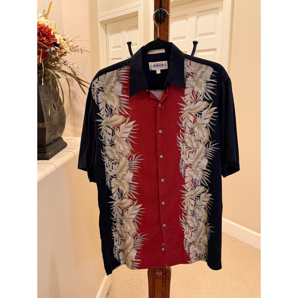 Campia Moda Mens Small Rayon Hawaiian Camp Shirt Red Black Floral Vertical Panel
